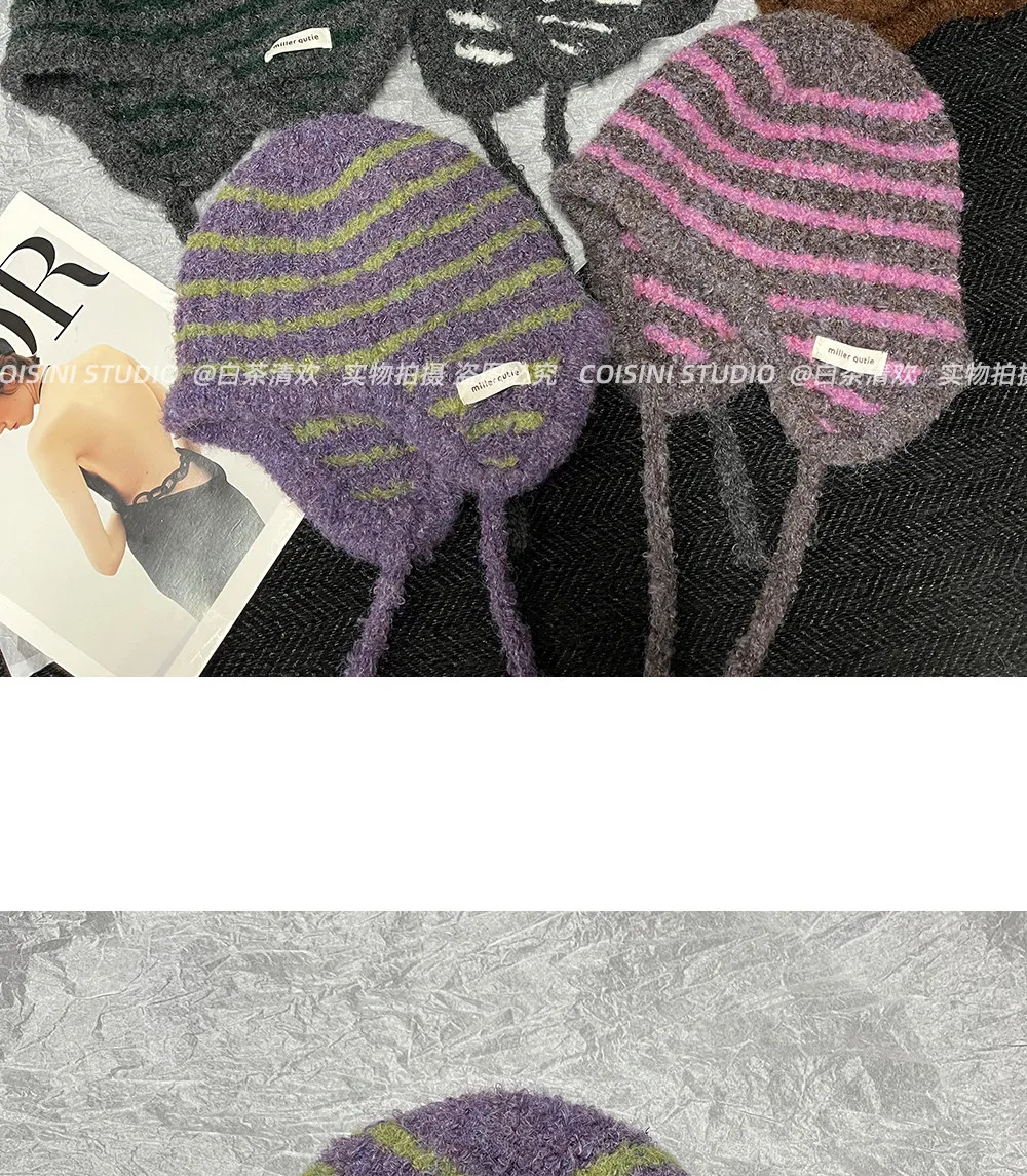 Gestreifte Strickmütze mit Ohrenklappen für Damen, flauschige, weiche Strickmütze für den Winter mit Ohrenschutz, Kordelzug, gemütlich, warm, für den Außenbereich, Skimütze. – Detail 3