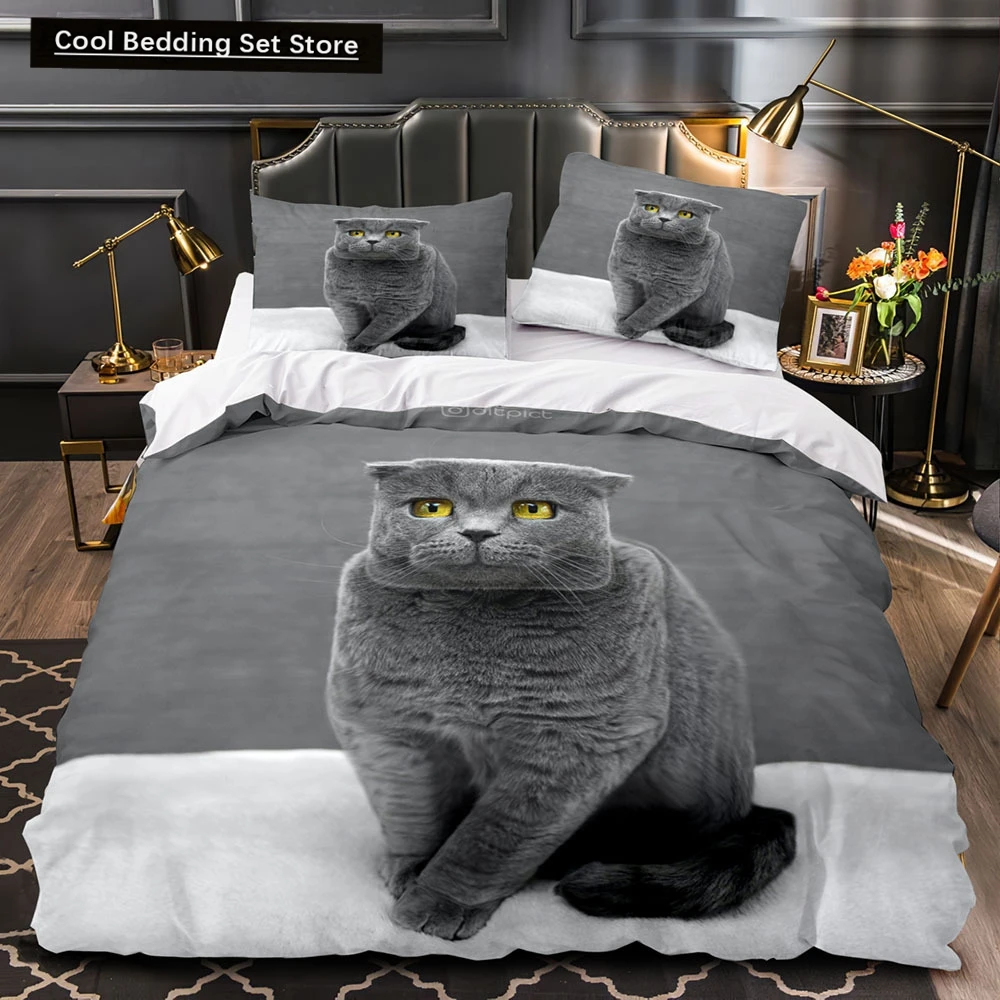 Funda nórdica 3D Cat King Queen, juego de cama Kawaii cuadrado británico de pelo corto para adultos, funda de edredón de poliéster con animales, 2/3 Uds.