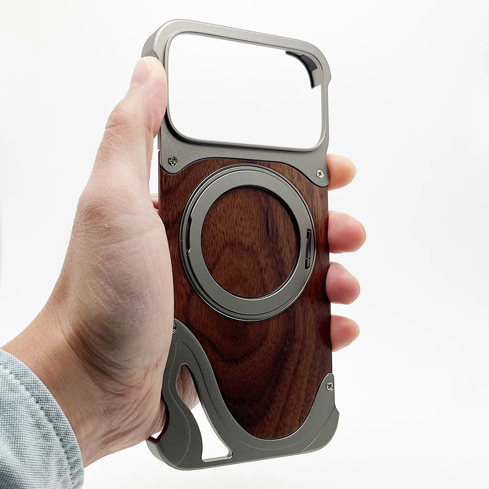 

Luxury Walnut Wood Case for iphone 17 Pro Max Cover 17 Pro Shockproof Frameless Metal Funda Built-in Kickstand with Protector