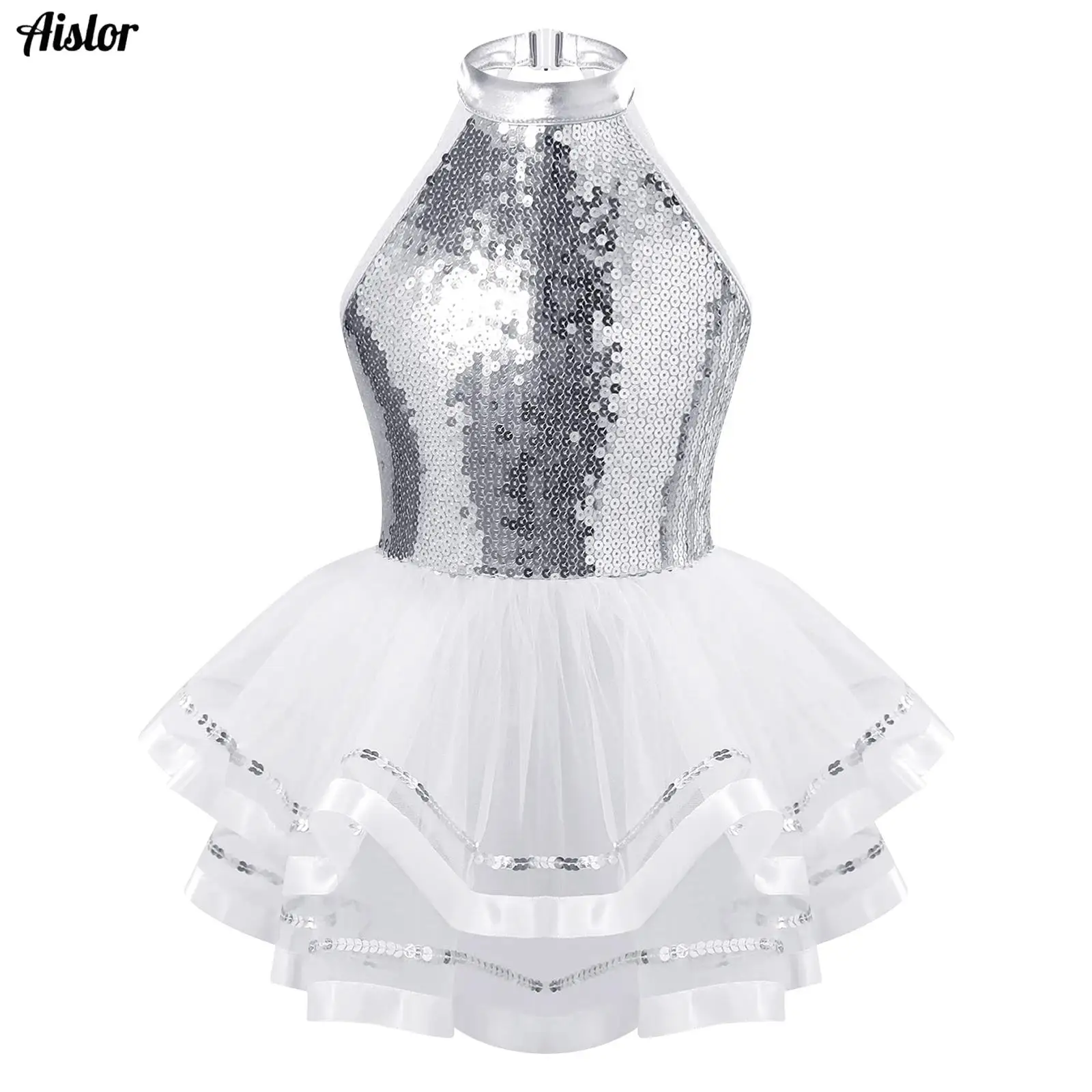 Kids Girls Ballet Tutu Dress Jazz Dance Costume Shiny Sequins Sleeveless Hollow Back Tulle Mesh Leotard Dress Stage Performance