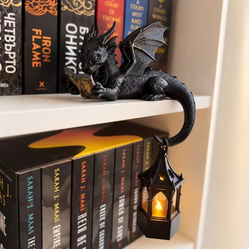 Black Dragon Reading Book Statue, LED Lantern Night Light Resin, Fantasy Figurine Shelf Sitter Home, Decor Gift For Adults Boys