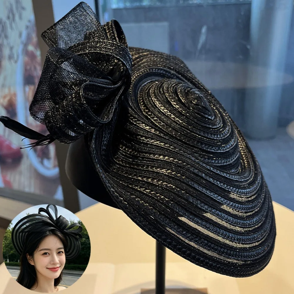 Retro Exquisite Mesh Bow Headband French Wide Brim Mesh Small Top Hat Elegant Retro Masquerade Hair Band Photography