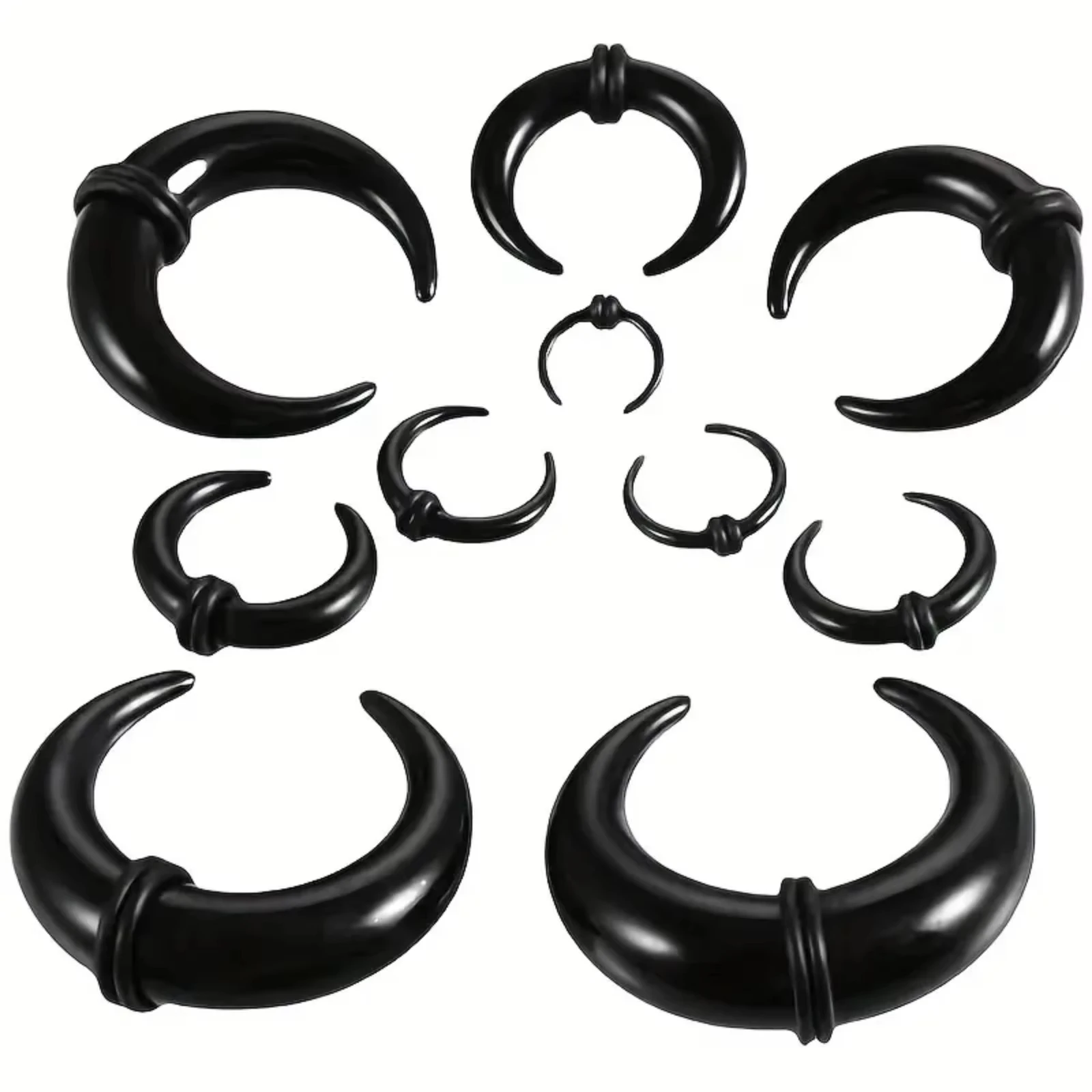 9pcs1.6-10mm Black Ear Gauges and Septum Rings Acrylic U-shaped Cone Ear Collar Ox Horn Tip Ear Enlarger Piercing Jewelry Set