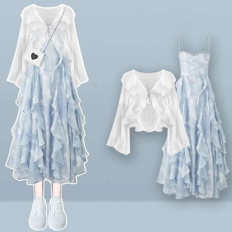 2026 Dames Lente/Zomer Nieuwe Mode In Jurk Bijpassende Set Koreaanse Elegante Zonnebrandcrème Shirt + Sexy Sling Rok tweedelig Pak