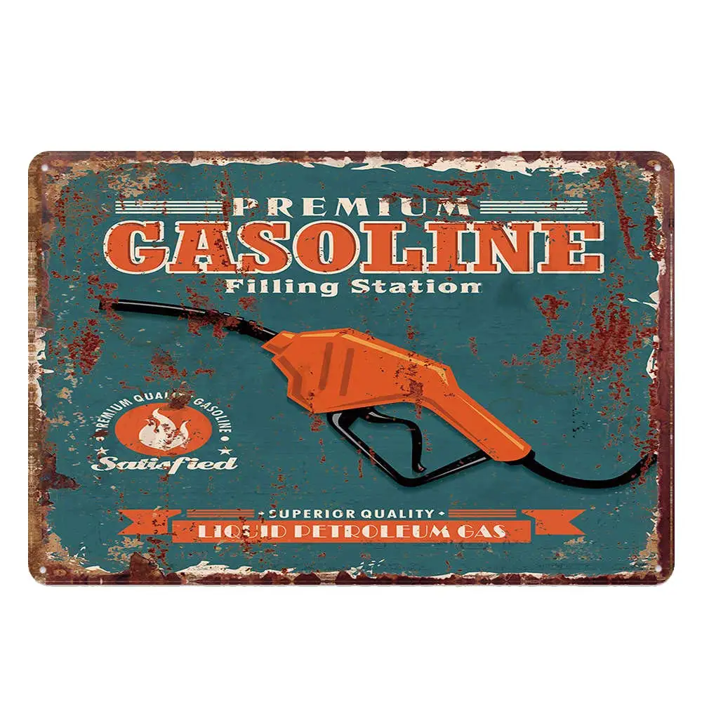 Retro Design Gasoline Filling Station Tin Metal Signs Wall Art | Thick Tinplate Print Poster Wall Decoration for Garage