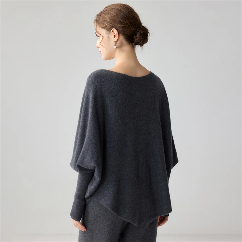 One neck 100% cashmere women's bat sleeve shawl jacket irregular lazy loose temperament fashionable knitted pullover looks slim