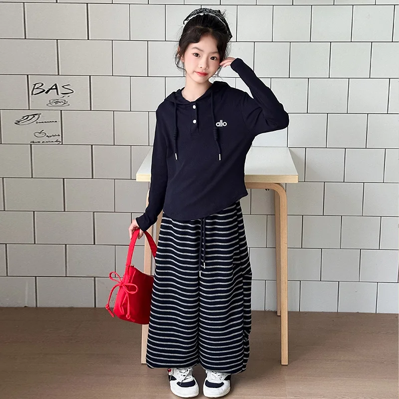 ملابس الفتيات لربيع وخريف 2025 قميص أساسي عصري جديد للأطفال مع بنطال مخطط، طقم مكون من قطعتين لخريف #6