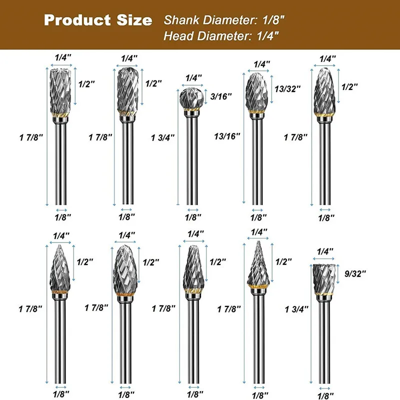 10pcs Carbide Burr Set, Hard Alloy Tungsten Steel Double Cut Rotary File Milling Cutter Head, Woodworking Grinding Carvin view 6