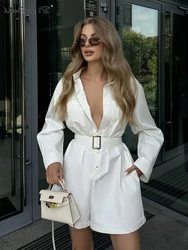 Mnealways18 Elegant White Rompers With Belt Long Sleeves One-Piece Ladies Office Pockets 2024 Shirts Shorts Jumpsuits Woman Fall