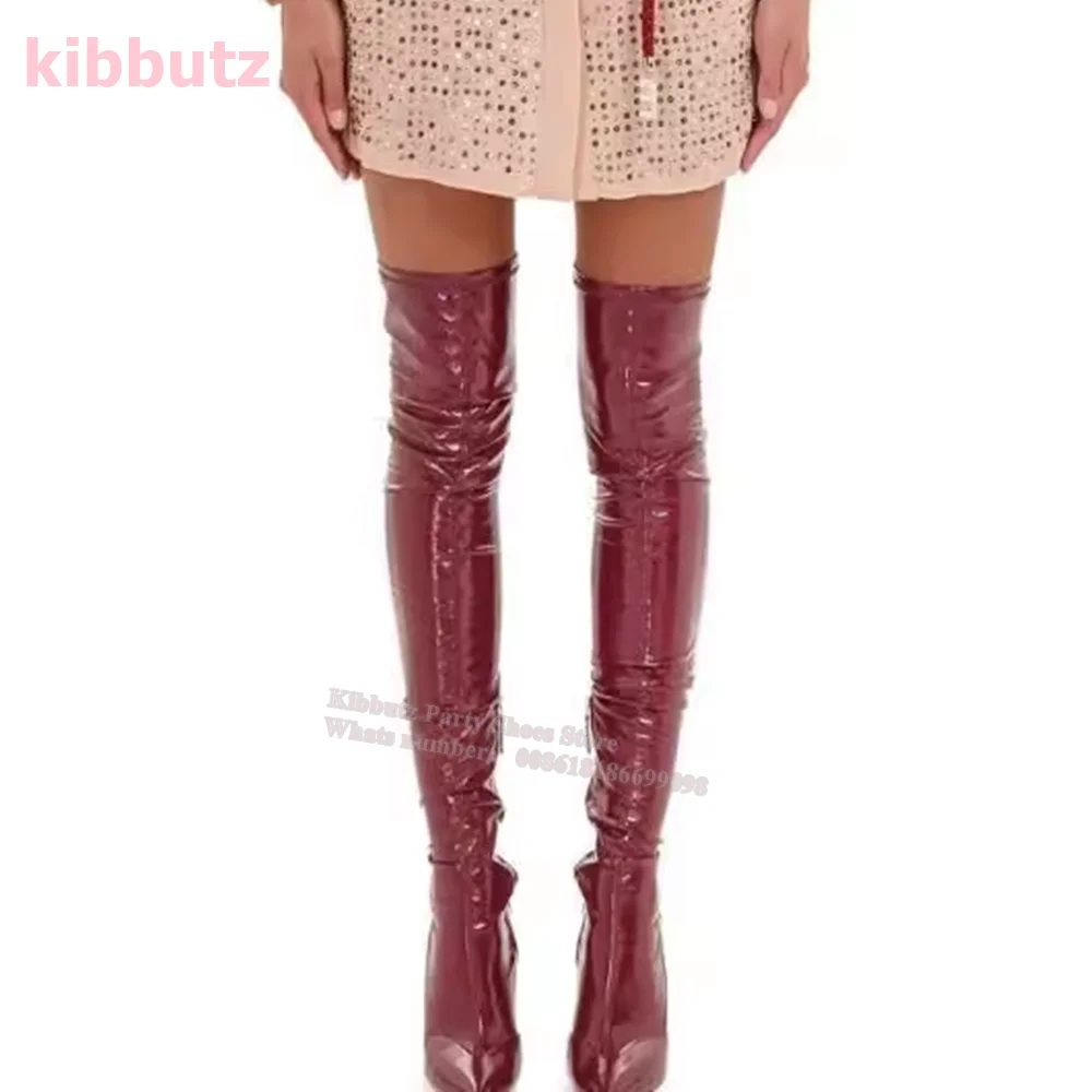 Soft Patent Leather Burgundy Boots Over The Knee  Stretch Thigh High Stiletto Pointed Toe Sexy Elegant Fashion Women Shoe Newest