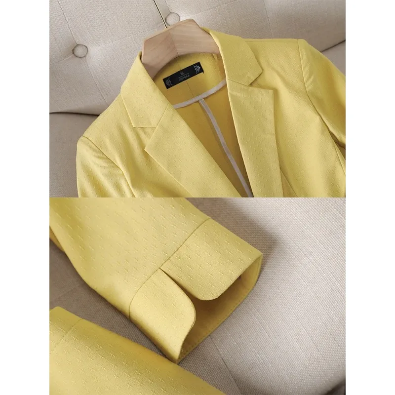 Chaqueta de traje de manga larga para mujer, abrigo Formal de negocios con un solo botón, azul y amarillo, para primavera y verano, 3/4