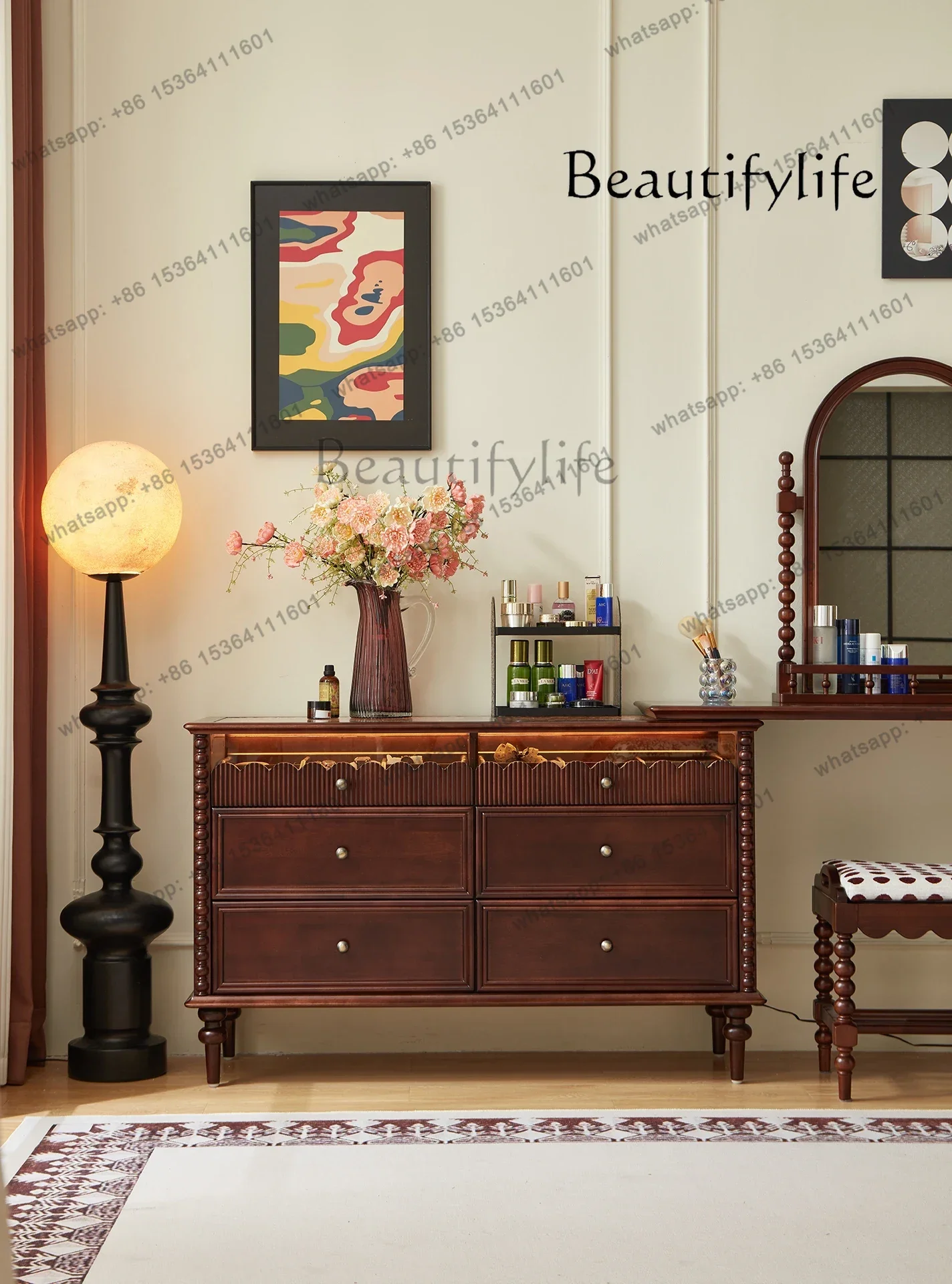 

French Retro Solid Wood Small Apartment Bedroom Bedside Aisle Cabinet Jewelry Storage Designer Fashion