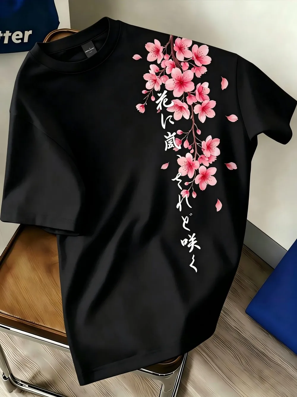 American style new men's summer cherry blossom letter print micro elastic breathable round neck T-shirt outdoor urban casual top