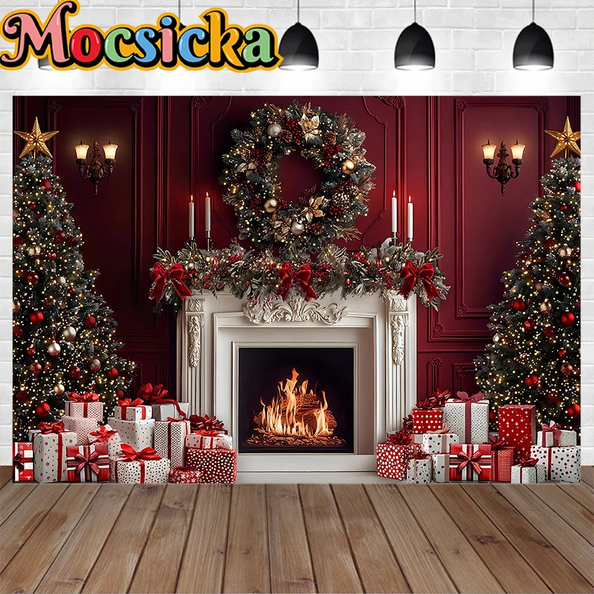 

Red Fireplace Background Photography Retro Christmas Room Christmas Tree Wreath Backdrop Winter Family Kid Photo Studio Prop