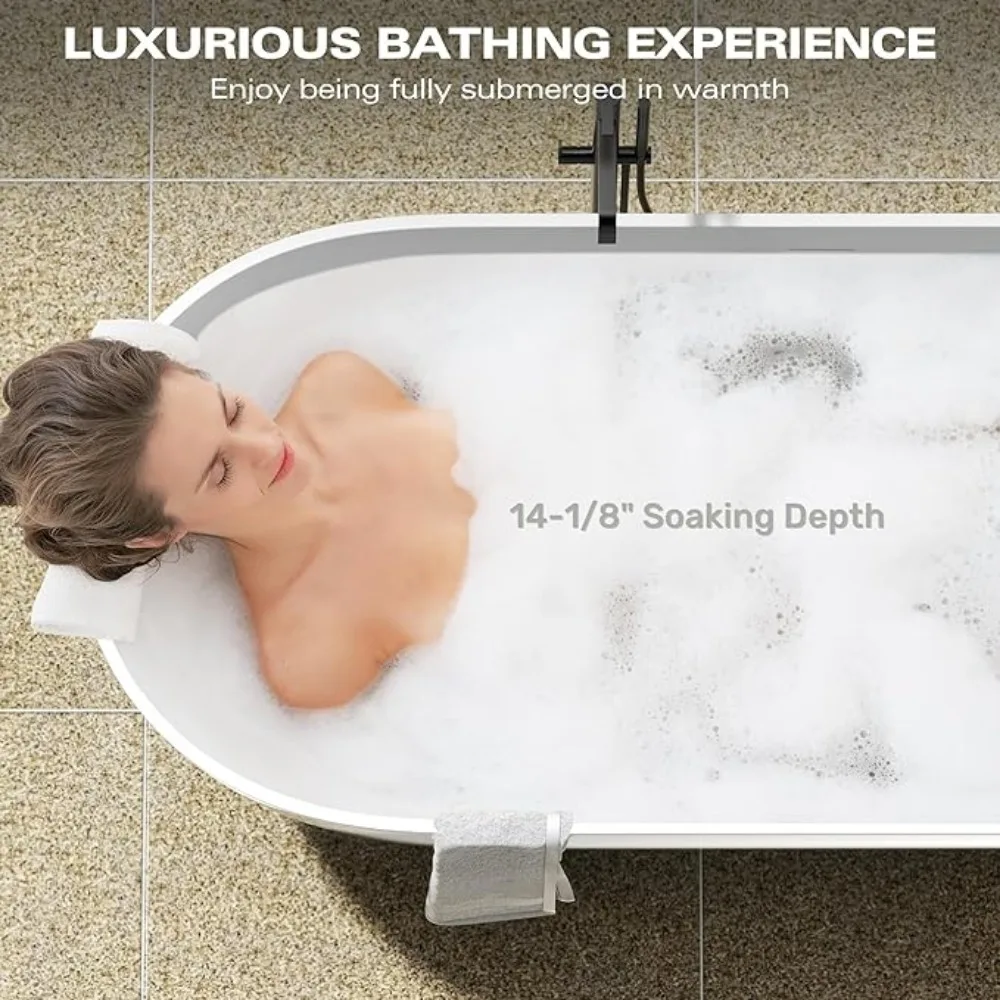 Bathtub, 59 in, Oval Solid Surface, Freestanding Soaking Tub with Integrated Slotted Overflow and Drain, Freestanding Tub