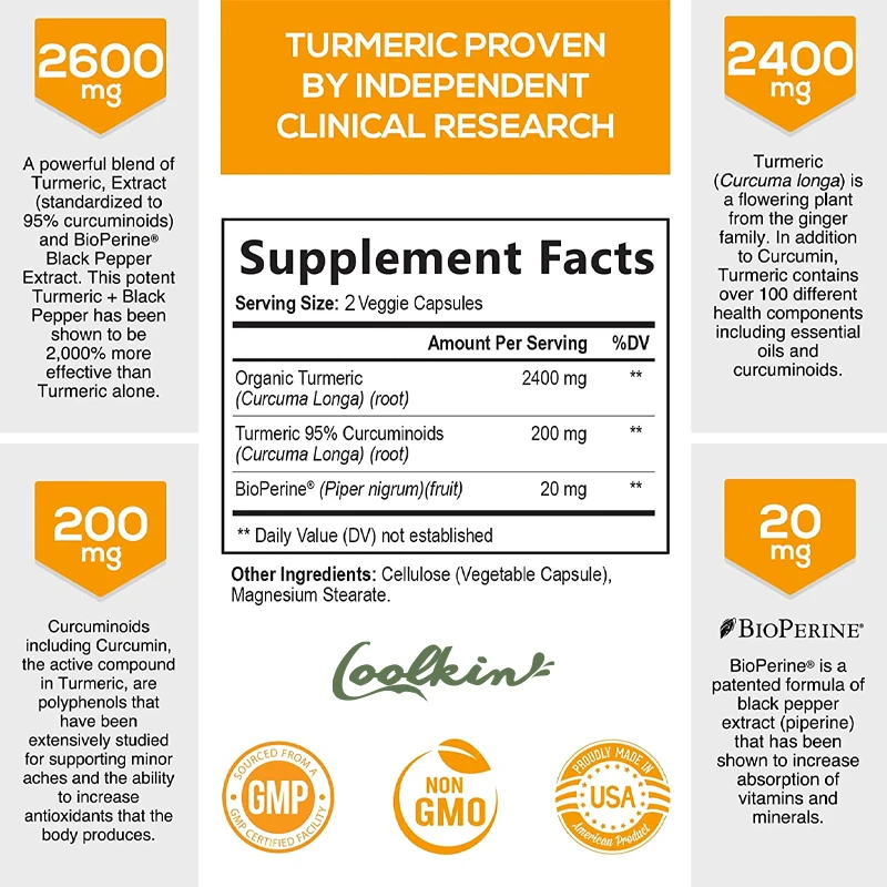 Turmeric Curcumin Highest Potency 95% 2600mg with BioPerine Black Pepper Extract