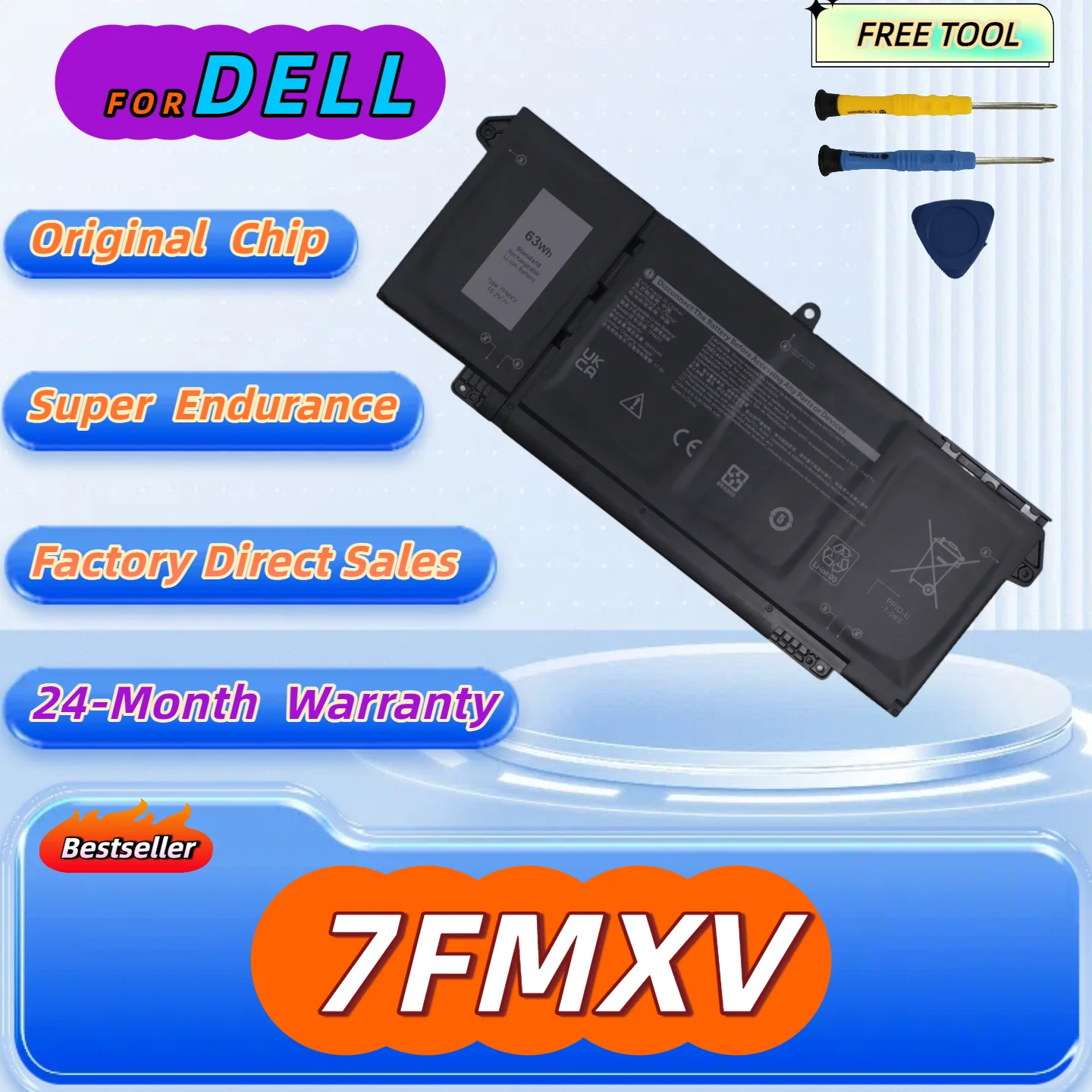 

7FMXV 63WH Laptop Battery for Dell 5320 7320 7420 7520 Latitude 5320 2-in-1/7320 2-in-1 P134G001 Free Tool + 24M Warranty