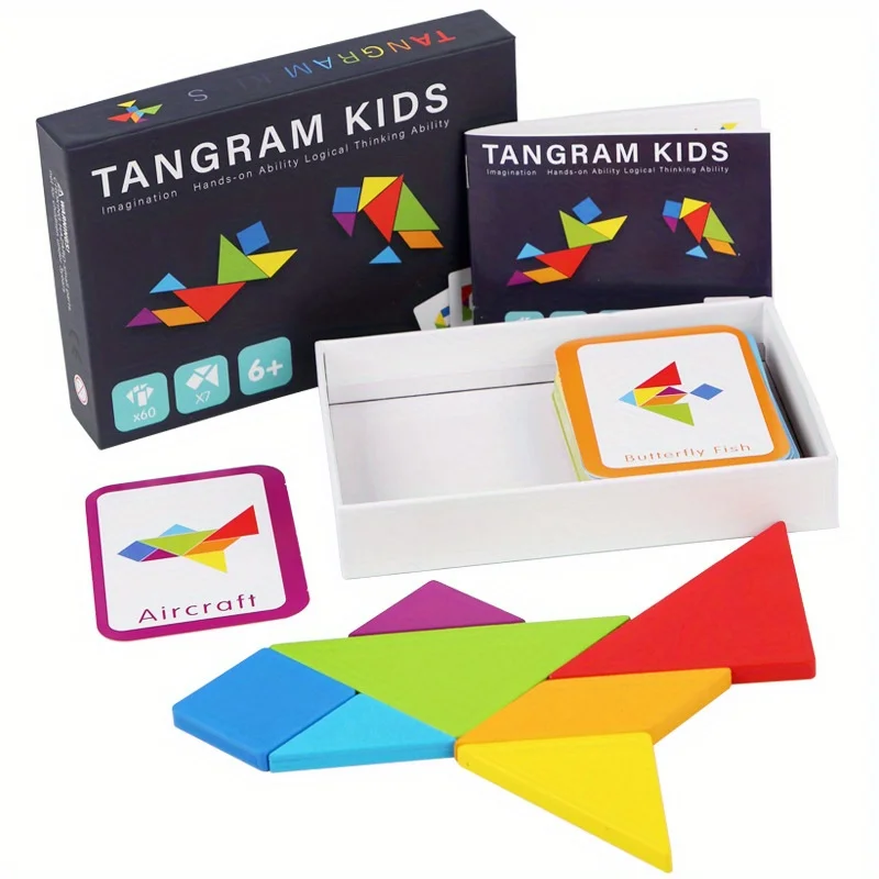 Wooden Tangram Jigsaw puzzle Game for Kids With 60pcs Flash Cards Montessori Preschool Education Building Blocks Learning Puzzle