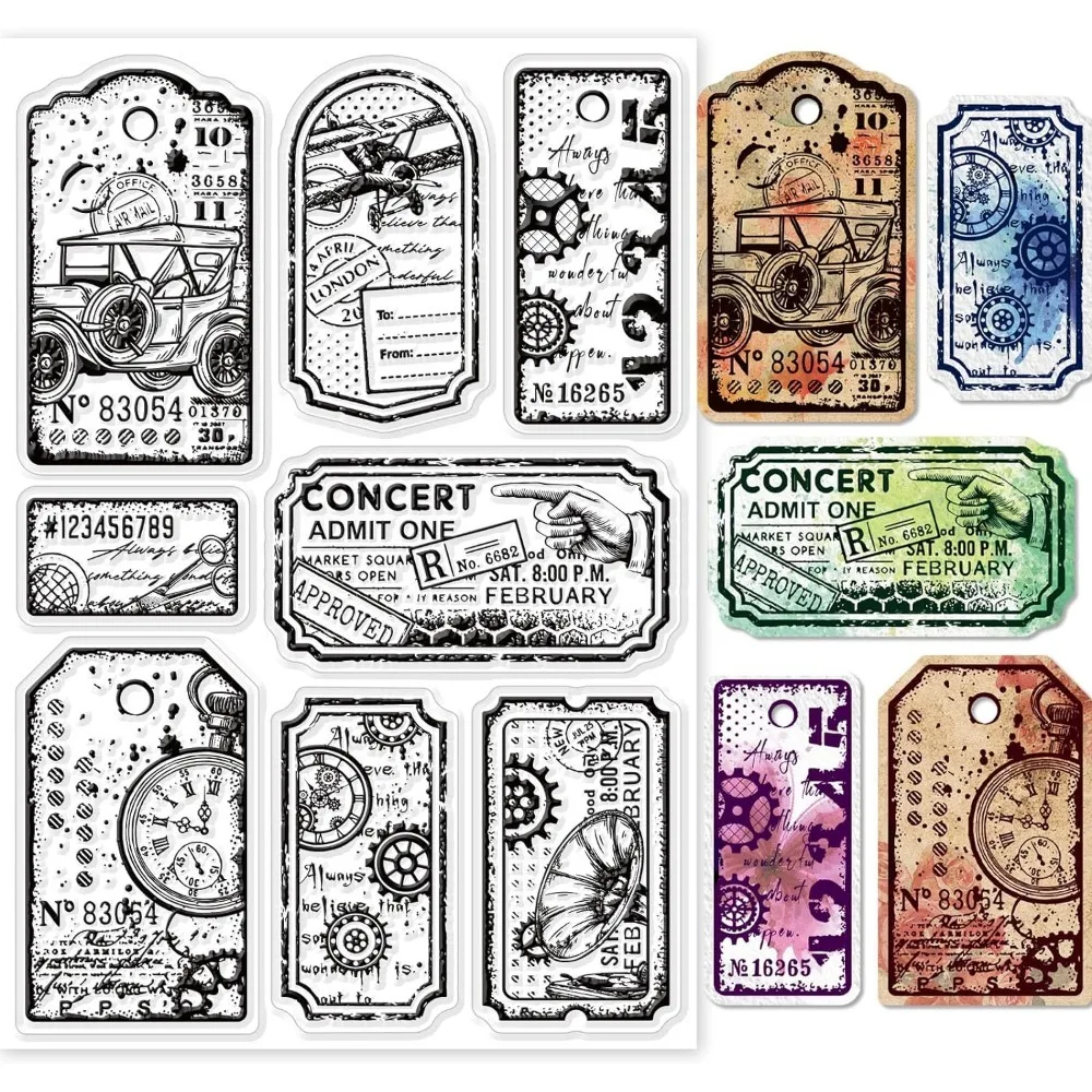 Retro Steampunk Label Clear Stamps for DIY Scrapbooking Vintage Label Tags Silicone Clear Stamp Seal Transparent Stamps for Card
