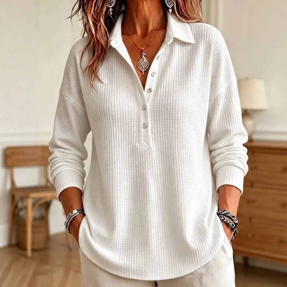 2026 New Women's Casual Lapel Henry Half Open Button Placket Polo Button Weave Simple Temperament Cheap OfficeMulti-color Choice