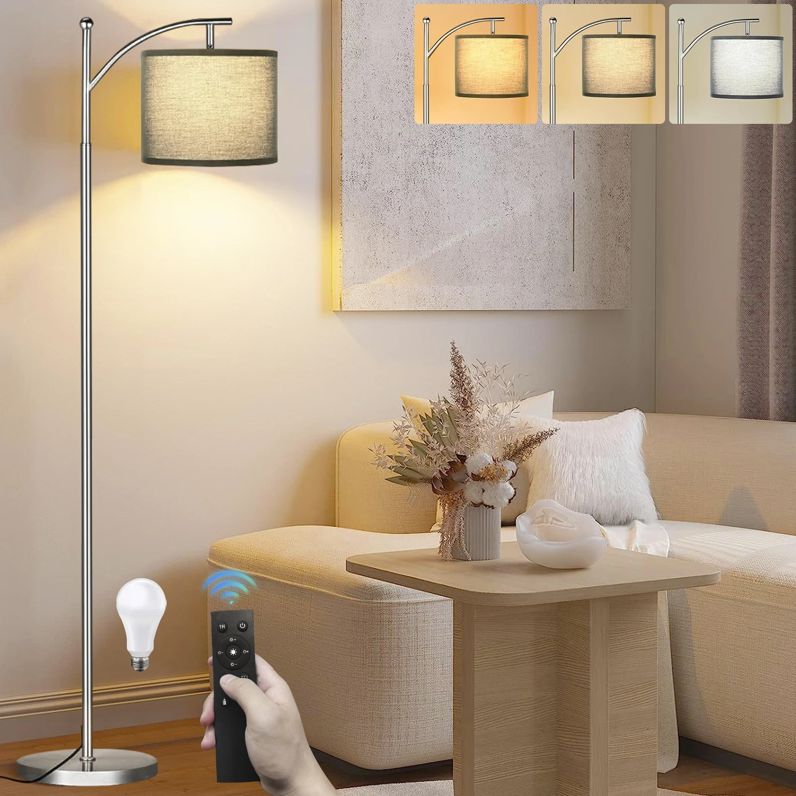 Floor Lamp For Living Room With 3 Color Temperatures, Standing Lamp With Linen Lampshade Rotation Adjustment For Bedroom, Office