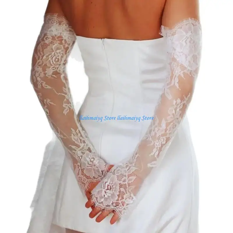 

573B Arm Sleeves Lace Gloves for Bride Sheer Lace Arm Covers Bride Wedding Accessory