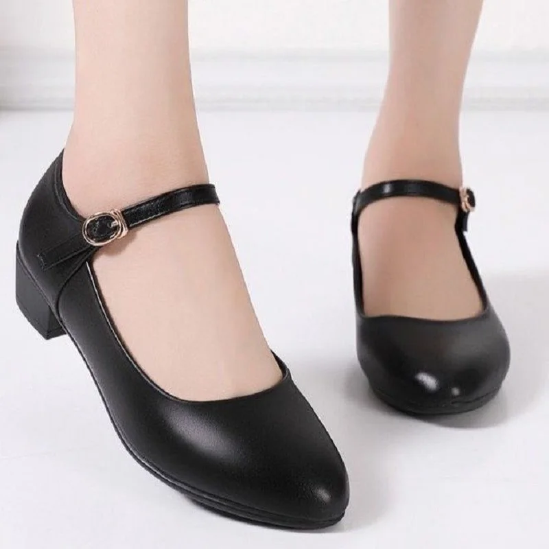 Women Cute Round Toe High Quality Black Buckle Strap Spring & Summer Square Heel Shoes Lady Classic Comfort Office Shoes B143