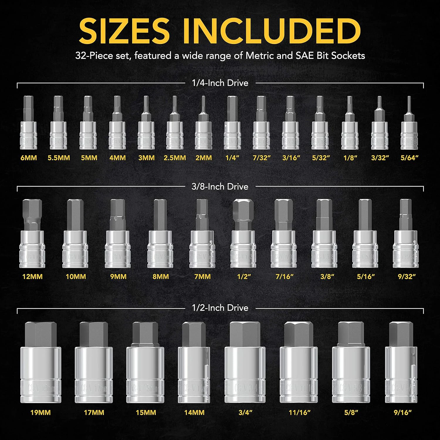 32-Piece OEM Combination SAE Metric Hex Allen Bit Socket Set Enhanced Plastic Grip Storage Case 1/4 3/8 1/2 Inch Chrome Finish