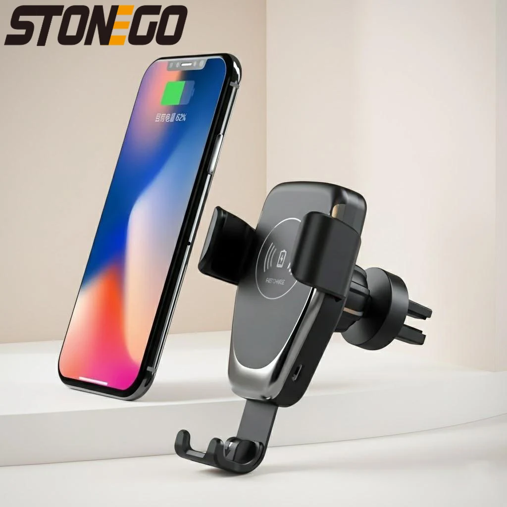

Wireless Car Charger Mount Qi Fast Charging Holder with LED Indicator Auto Clamping Air Vent Grip for Smartphones