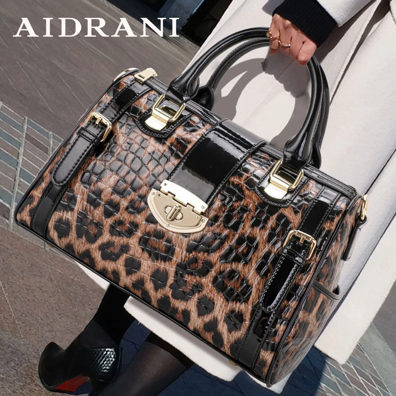 Aidrani Classic Leopard Pattern Genuine Leather Women's Bag Large Capacity Women's Handbag Cowhide Shoulder Bag