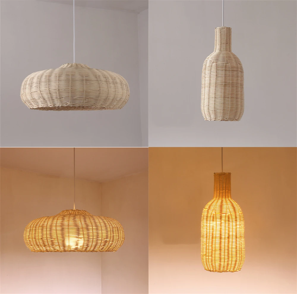 Vintage Rattan Pendant Light Bonbon Pendant Light Hemp Rope Rattan Wood Woven Light Kitchen Bedroom Dining Room Lantern Light