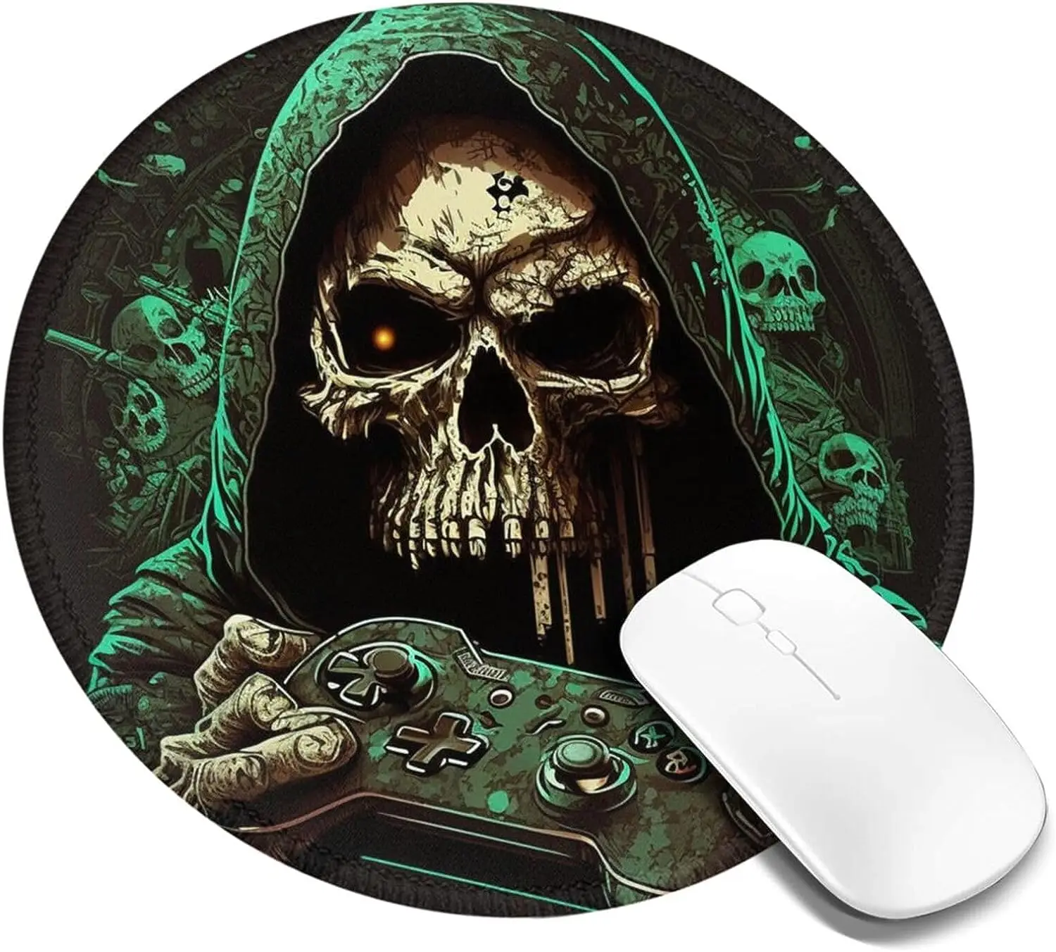 Skull Grim Reaper Play Games Cool Round Mouse Pad Non-Slip Rubber Skull Gaming Mousepads with Stitched Edge for Office Work