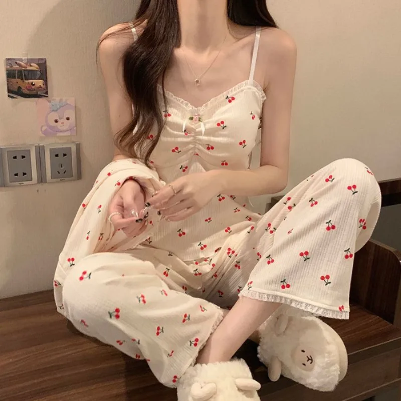 

Женский комплект из чистого хлопка Long Sve Spwear, весенне-осенний комплект с кружевной отделкой и цветочной подкладкой на грудь, комплект футболок Fufu