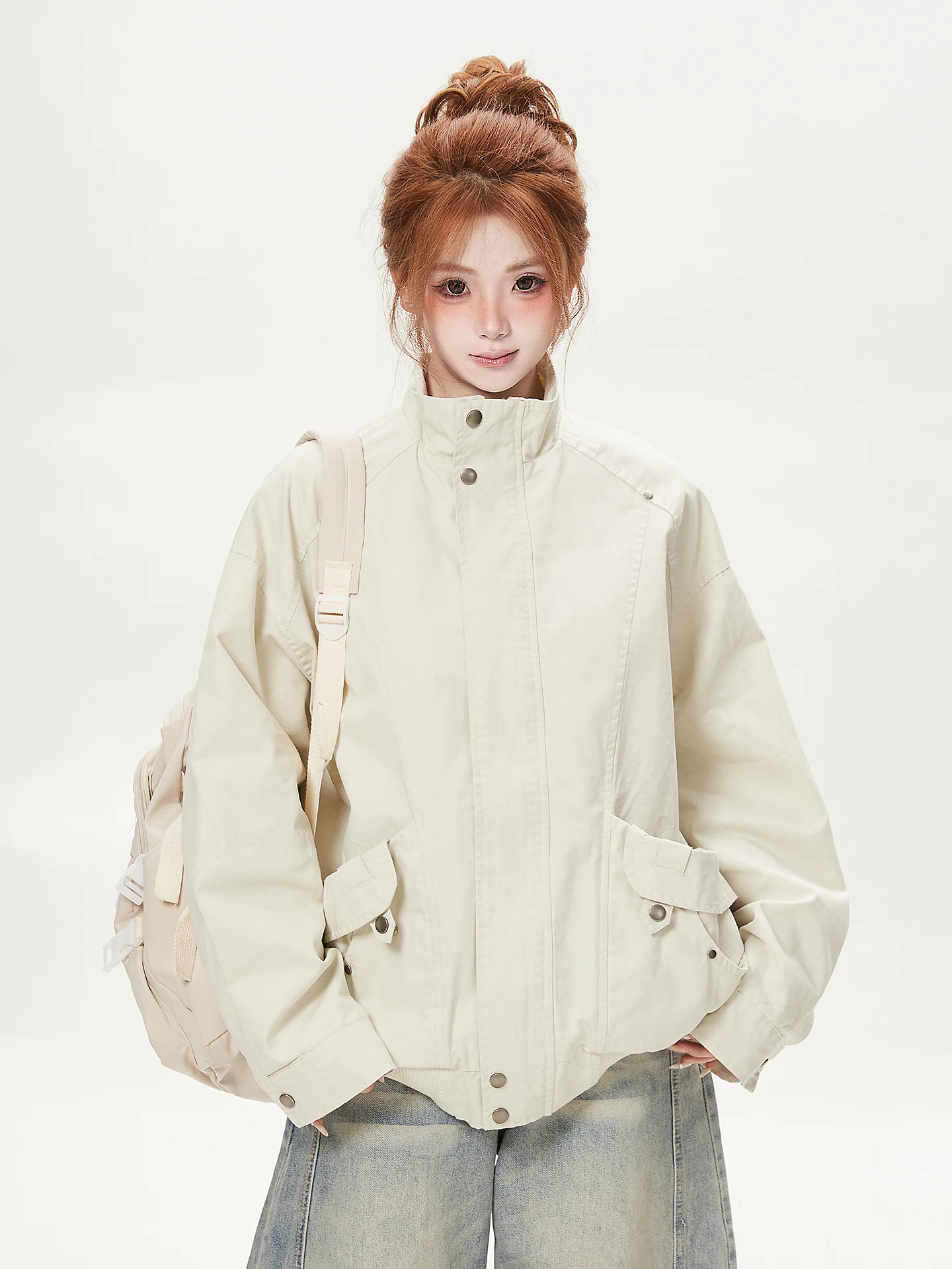 Casual Ant Zipper Workwear Short Jacket Women Loose Multi-Pocket Khaki Color Trendy Stand Collar Zipper Casual Style Jacket