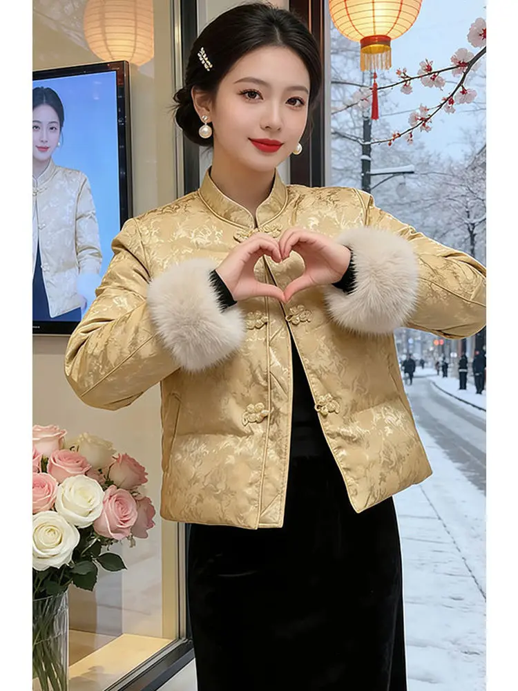 

Yellow Floral Embroidery down Cotton Jaet Women's ort Sle 2026 Winter New Chinese Sle Premium Bread Coat Outerwear