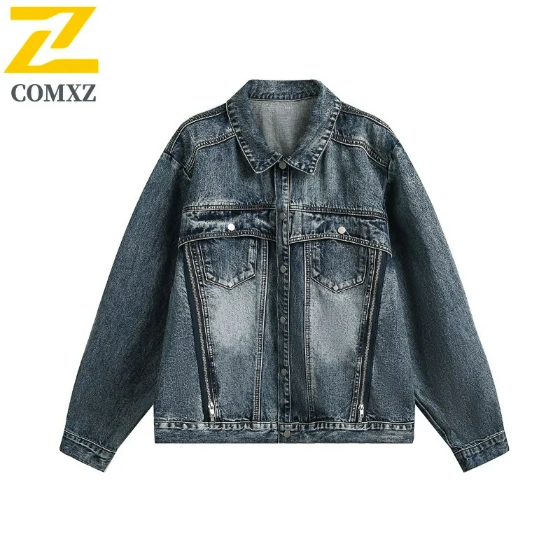 COMXZ Mantel Katun Pria Tahan Angin untuk Perjalanan Berkemah Kerah Minimalis Jaket Santai Jalanan Jaket Ringan untuk Bersepeda di Jalan