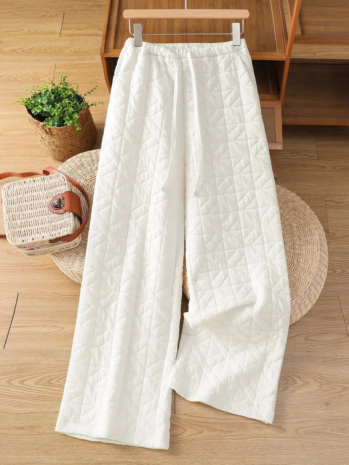 Retro Classic Diamond Stitched Straight Cotton Pants Women Winter High Waist Belt Casual Home Wide Leg Trousers