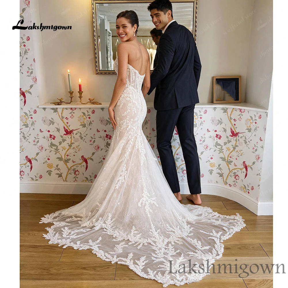 Lakshmigown Meerjungfrauen-Brautkleid mit Herzausschnitt, Illusionseffekt, Perlenstickerei, Spitzenapplikationen, Korsettrücken, Kathedralenschleppe, Maßanfertigung – Detail 6