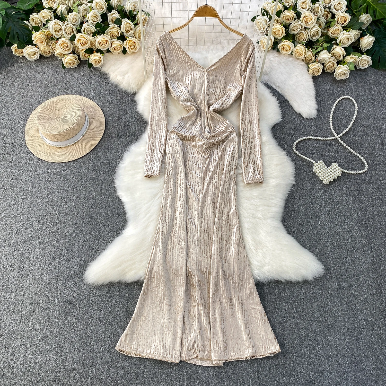 Chic vintage velour slim long sleeve Elegant Fairy korean fashion autumn Sundress women clothing