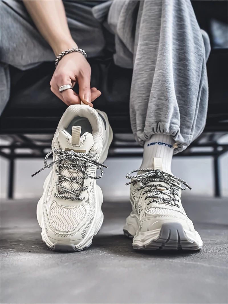 Men's Casual Sport Shoes Breathable Mesh Anti-Odor Slip-Resistant Thick Bottom High-End Feel Hong Kong Style Dad Trendy Shoes