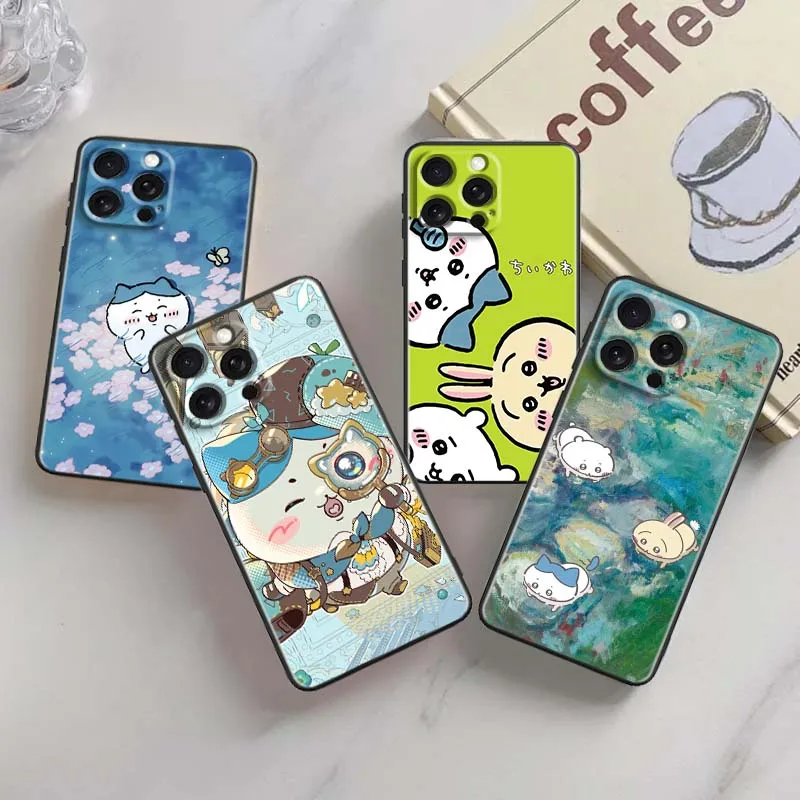 

Usagi Chiikawa Hachiware Phone Case For Apple iPhone 16 16E 15 14 13 12 11 XS X Pro Max Plus Black Soft Silicone Cover