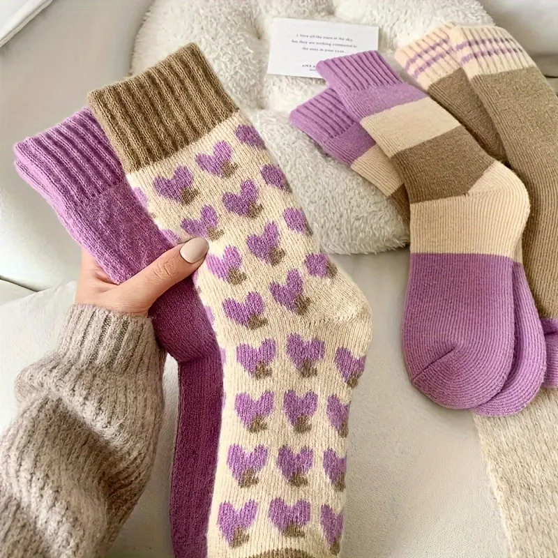4 Pairs Warm Heart-Shaped Thermal Socks Thickened Style Women'S Mid-Calf Sock Winter Solid Color Ultra-Thick Autumn Winter Style