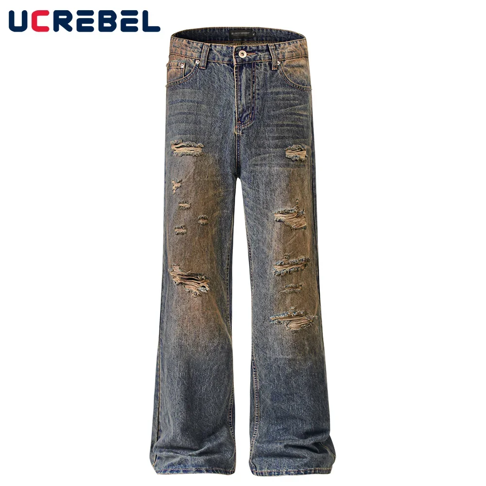 

Washed Distressed Beggar Jeans Mens Ripped High Street Pocket Loose Wide Leg Denim Pants Men Trousers