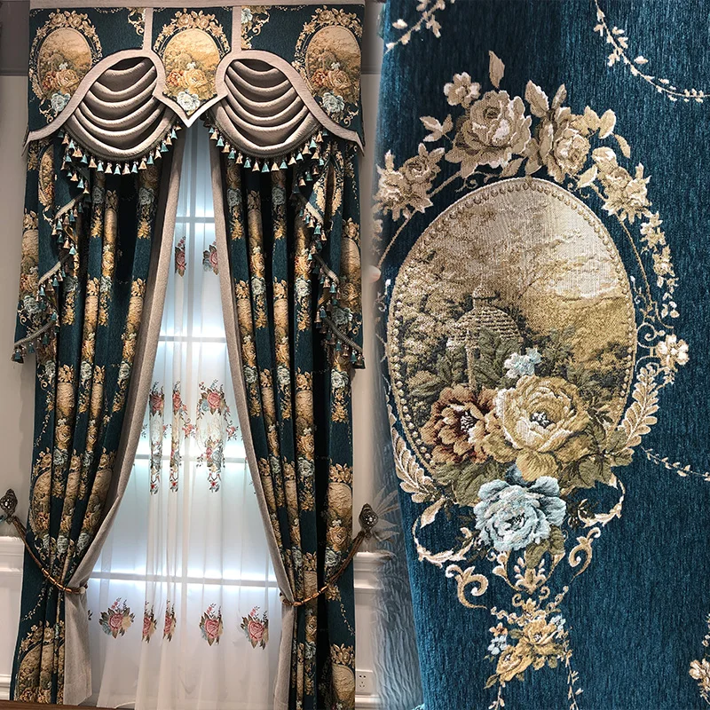 

Custom curtain luxury atmosphere American garden bedroom Chenille palace blue cloth blackout curtain tulle valance drape C1256