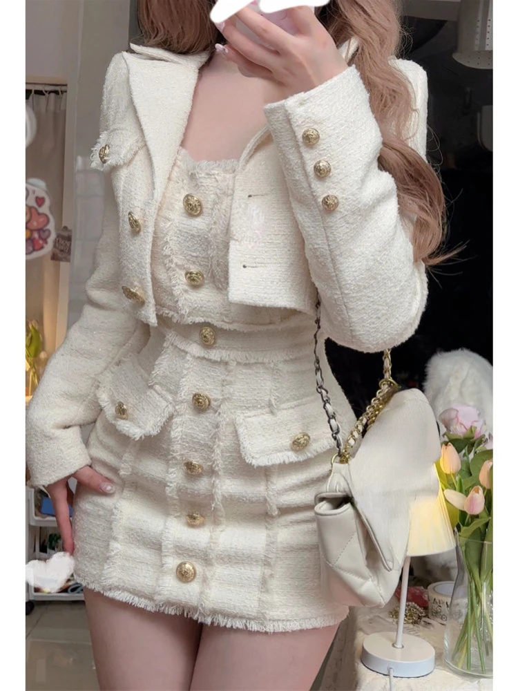 2024 Spring New French Elegant Suit Woman Slim Short Coat + Party Korea Fashion Sleeveless Dress Y2k Mini Skirt Suit Office Lady