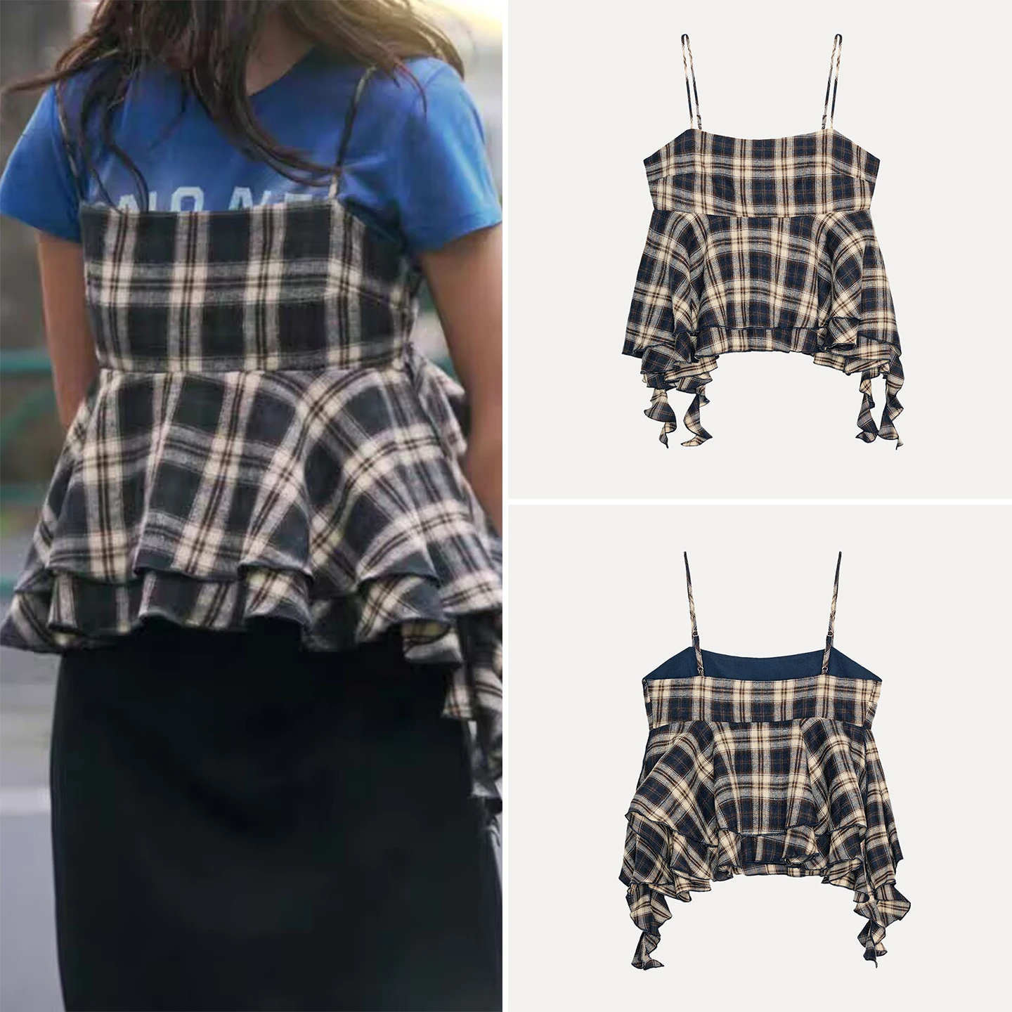 Top de Moda Fena em Estampa Xadrez com Decoração Simples em Camadas, Estilo Curto, Marca Chinesa, Coleção de Outono