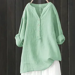 Solid Colors Cotton Linen Shirts Casual Loose Blouse Oversize Long Sleeved V Neck Tops Women Plus Size Clothing Spring Tunic