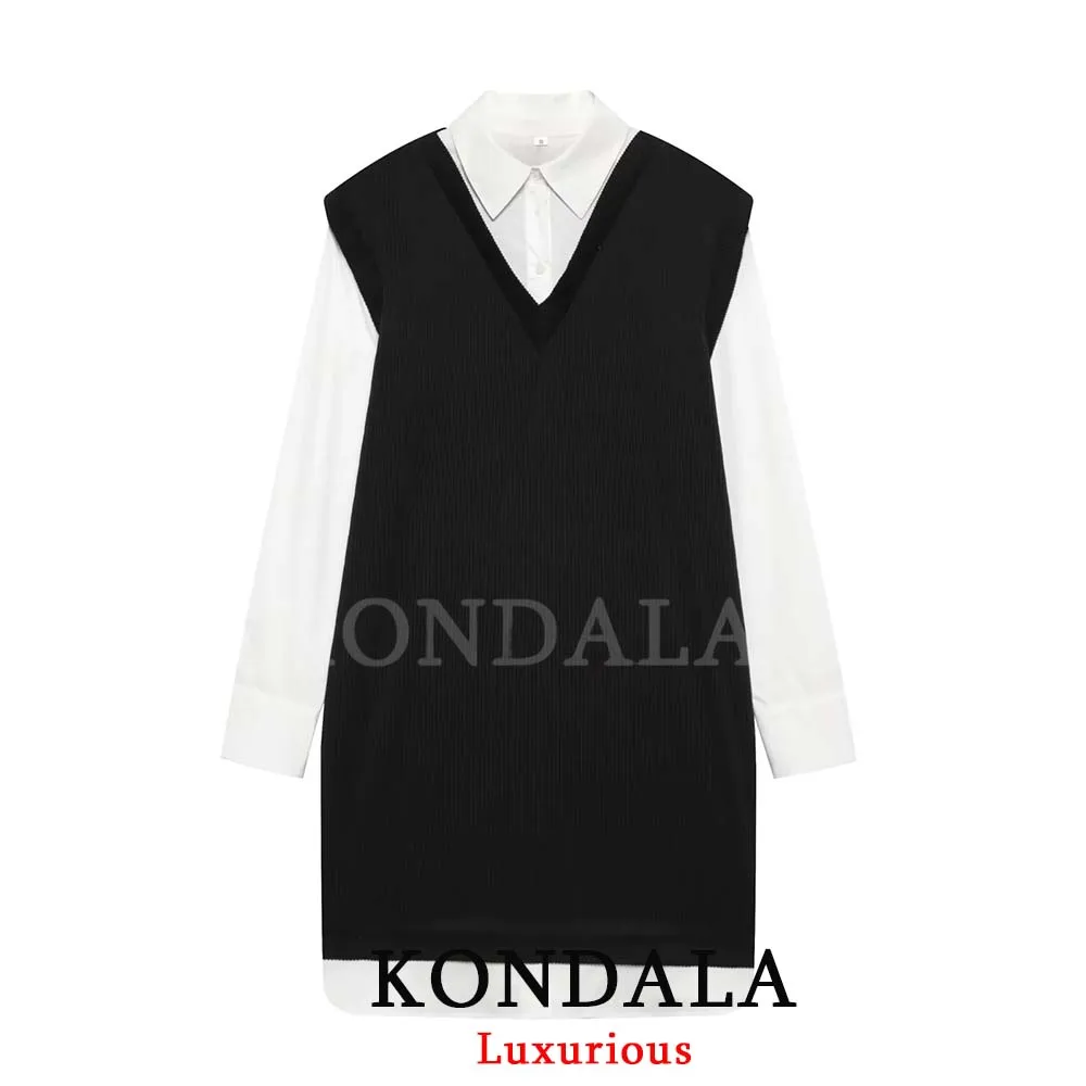 KONDALA Vintage Elegantes Schickes Damen Hemdkleid Patchwork Langarm Kurzes Gerades Kleid Mode 2026 Frühling Sommer Kleid