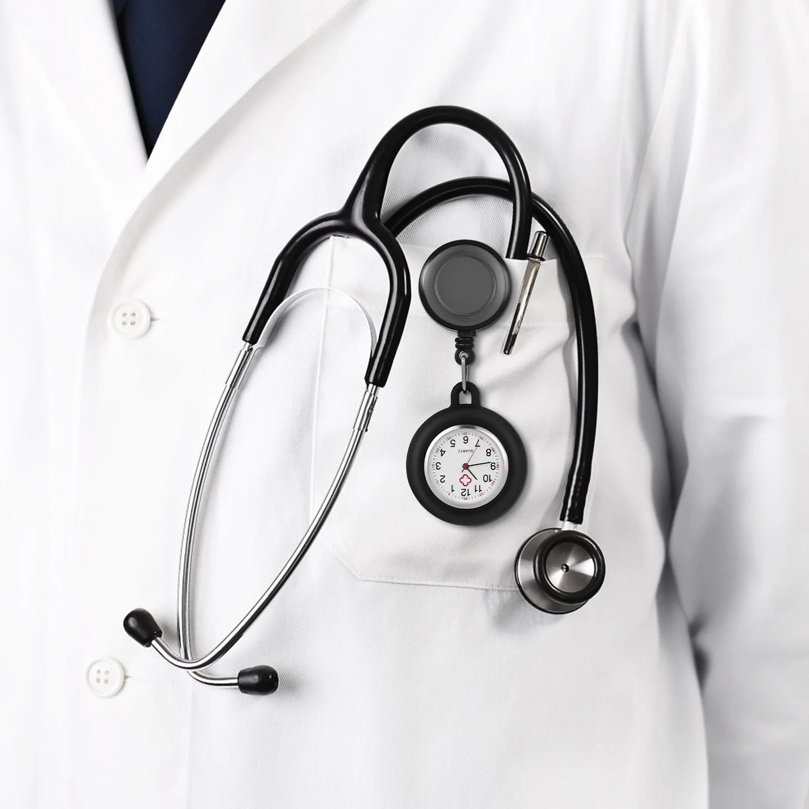 ساعة جيب بمشبك، مادة سوداء ممتازة، بكرة شارة ديكور الوجه المبتسم لطلاب الممرضات، خفيفة الوزن #1