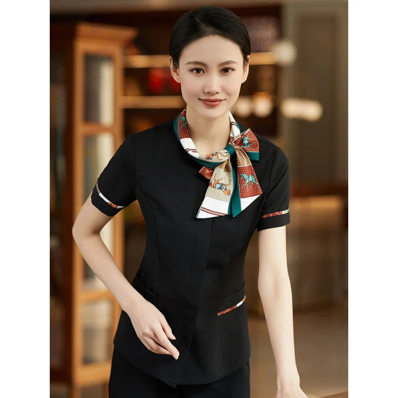 Uniforme de trabajo de camarero de restaurante para mujer, estilo chino de verano, Hotel, olla caliente, Catering, restaurante, granja, recepción, manga corta